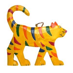 Mexican Folk Art alebrije Hand Carved Painted Wooden Cat Christmas Ornament